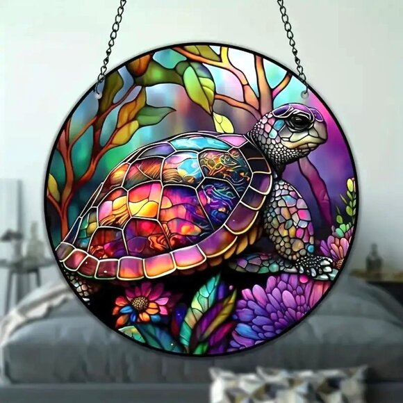 Sea Turtle Suncatcher 6" Metal Chain Beach Ocean Tropical Colorful Reef Purple - Picture 1 of 3